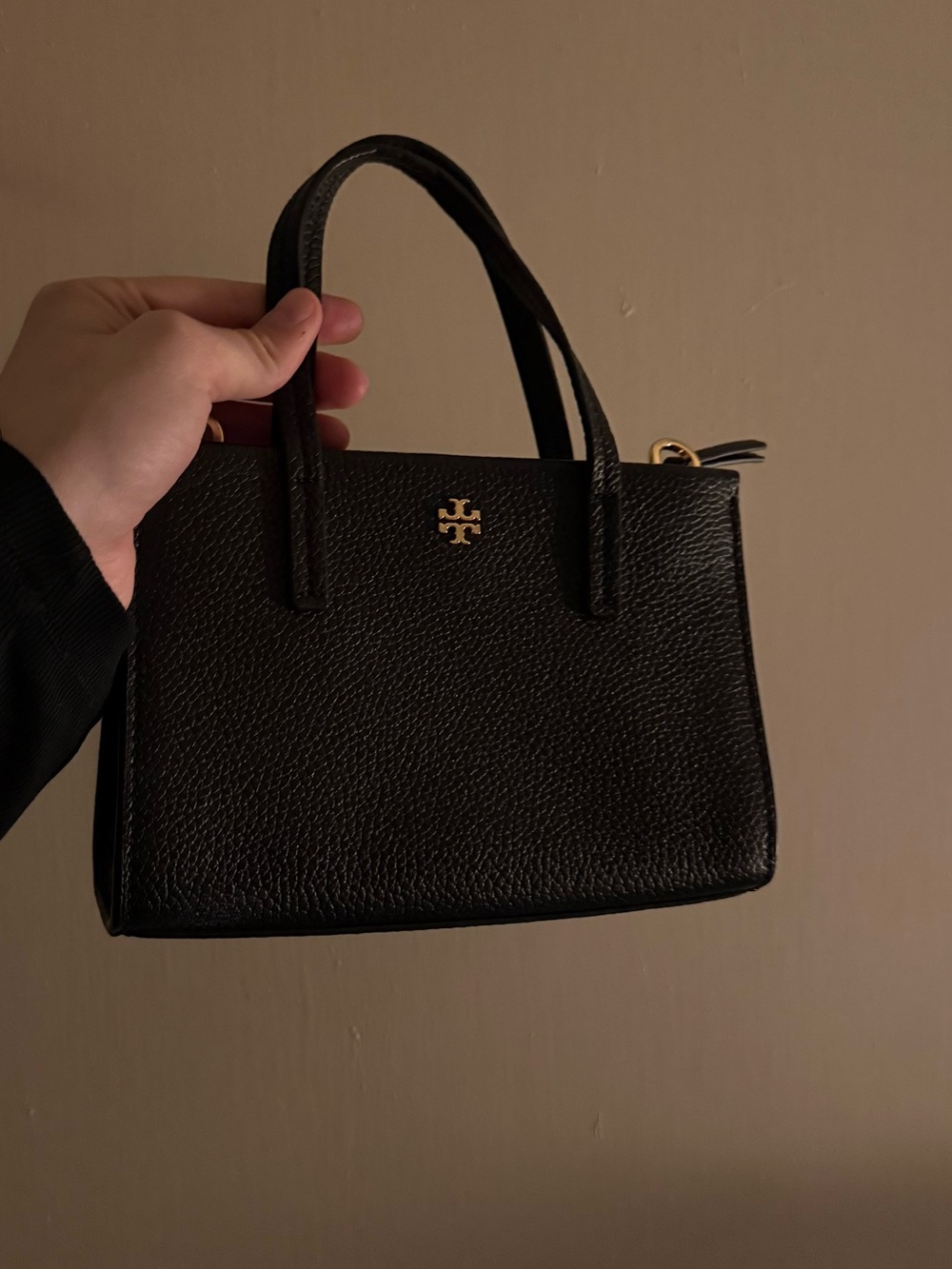 Tory Burch Black Pebbled Leather Mini Satchel with Gold Logo